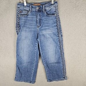 Judy Blue Jeans Womens 5/27 Blue Denim Braid Side‎ Detail Wide Leg Relaxed Fit